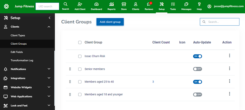 A screenshot of the Client Groups page showing the new Isaac Churn Risk client group.