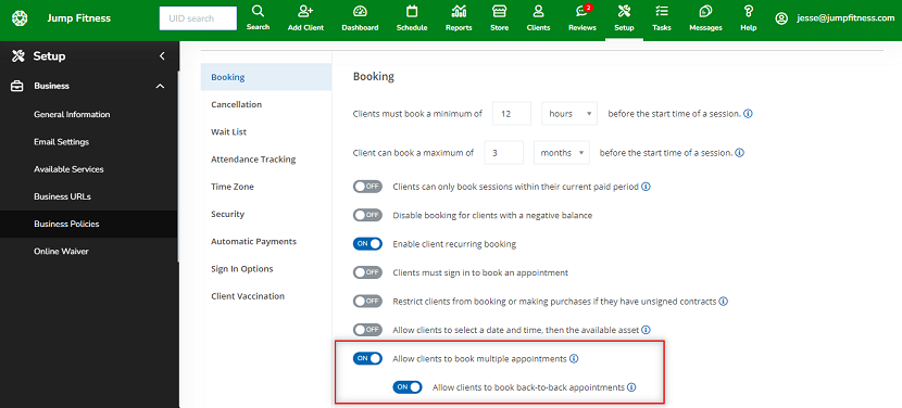 A screenshot showing the settings for booking multiple and back-to-back appointments on the Business Policies page.