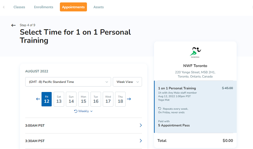 A screenshot of the updated appointment booking flow on the Client Web App.
