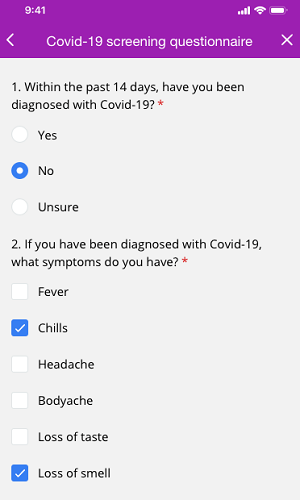 A screenshot of a mandatory Covid-19 screening questionnaire in the Achieve Client App.