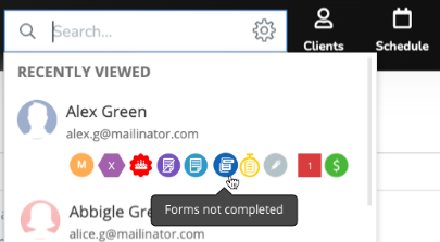 A screenshot showing the incomplete forms icon next to the client's name in the search result of the browser version of WellnessLiving.