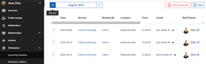 A screenshot showing a custom table view on a client's Upcoming Schedule page.