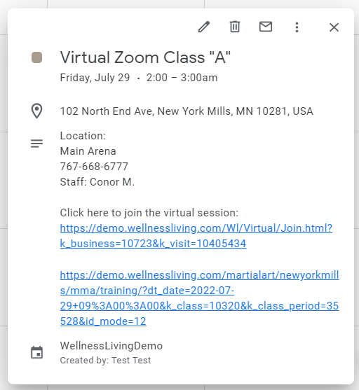 A screenshot showing a Google Calendar event with the FitLIVE virtual meeting link.