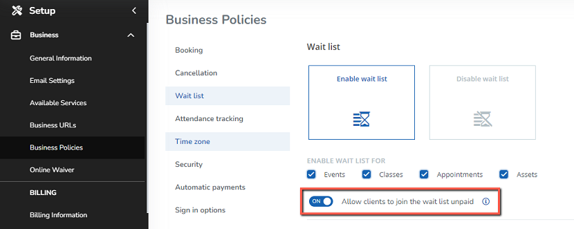 A screenshot of the new wait list policy that allows clients to join a wait list for a service without paying.