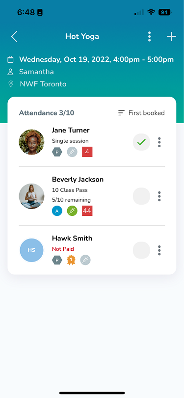 A screenshot of an attendance list for a service in the Elevate Staff App.