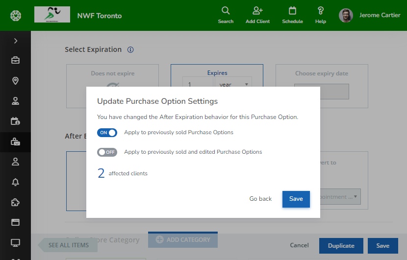 A screenshot of the popup that is displayed when saving changes to the expiration behavior of a Purchase Option that has been previously sold.