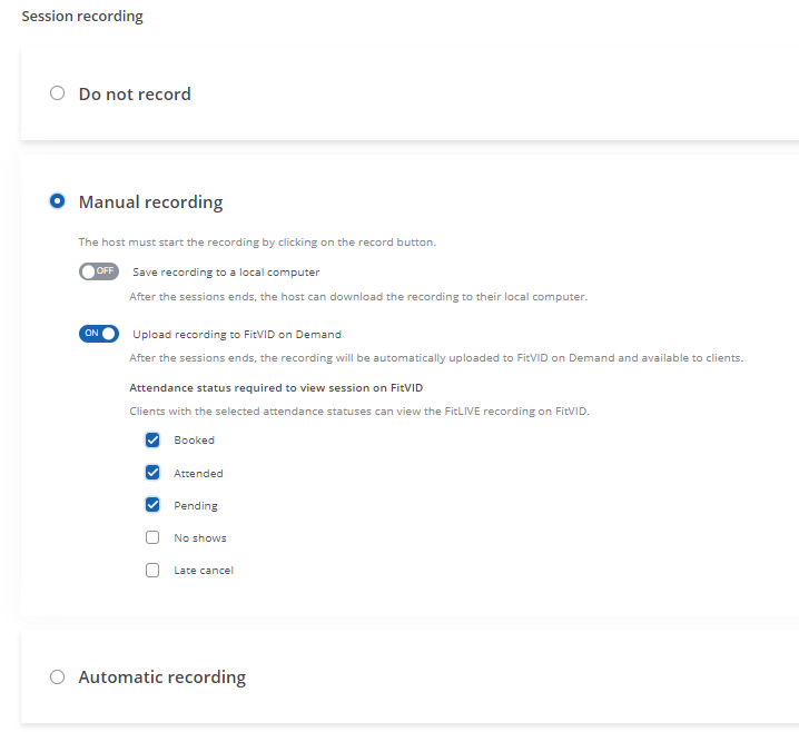 A screenshot of the new FitLIVE settings that allow staff members to determine who can access sessions recordings based on their client type.