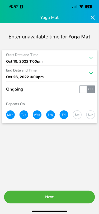 A screenshot of a user adding unavailable time for an asset in the Elevate Staff App.