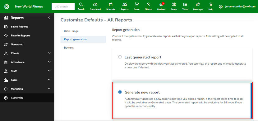 A screenshot of the setting that is used to generate new data on all reports when they're opened.