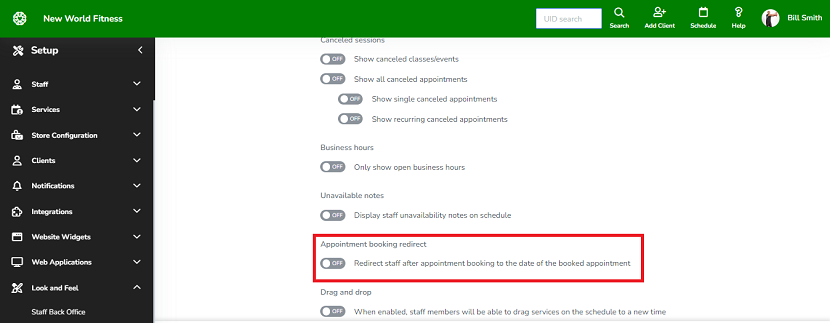 A screenshot of the new staff redirect setting on the Schedule Design page.