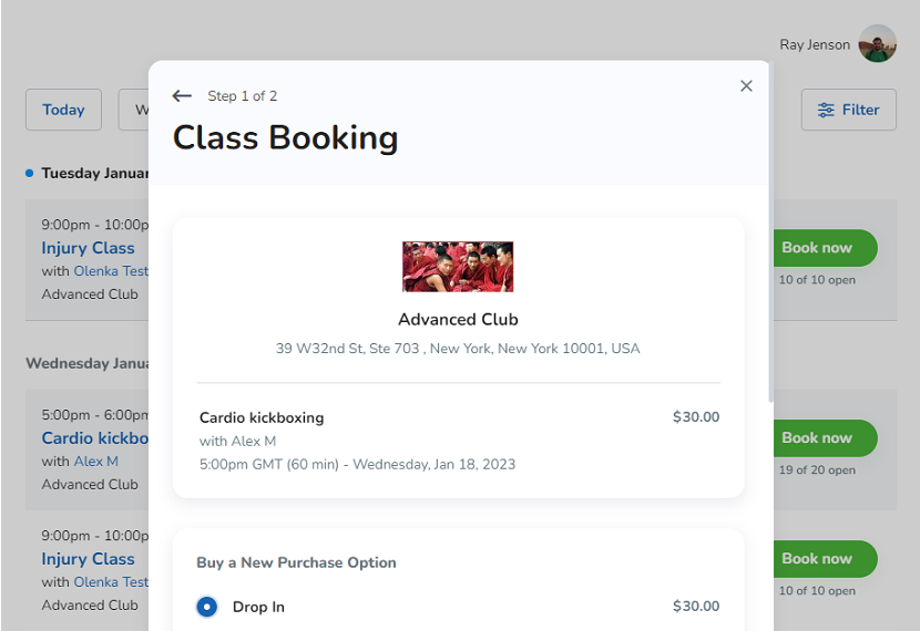 A screenshot of the Class Booking popup in the Standard Schedule widget.
