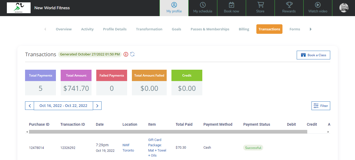 A screenshot of the Transactions page of the Client Web App.