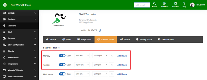 A screenshot showing how to set a location’s business hours for availabilities that can span multiple days.