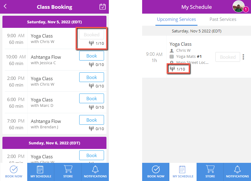 A screenshot of booked services with capacity information on the BOOK NOW tab and the MY SCHEDULE tab of the Achieve Client App.