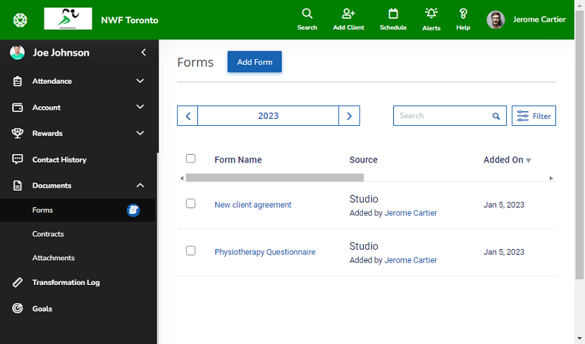 A screenshot showing the Forms page of a client’s profile with staff member names displayed in the Source column.