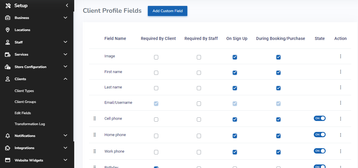 A screenshot of the redesigned Client Profile Fields page.