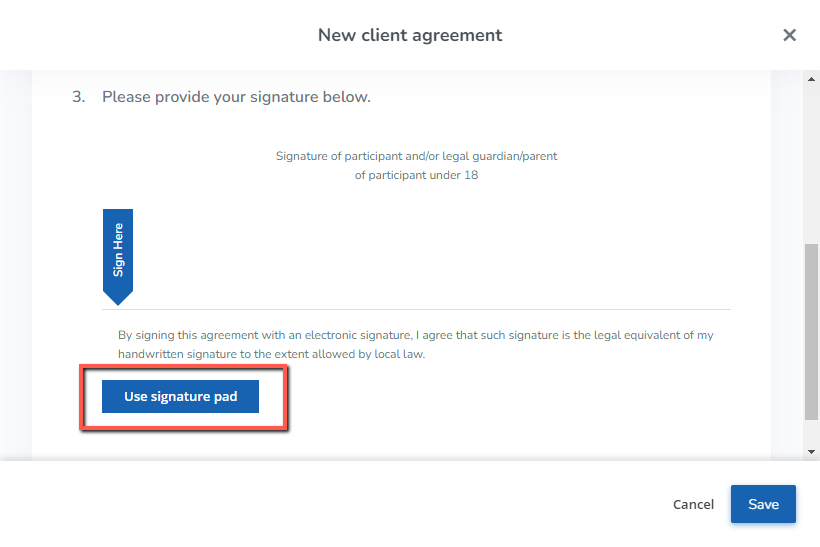 A screenshot showing a signature section on a form with the Use signature pad button.