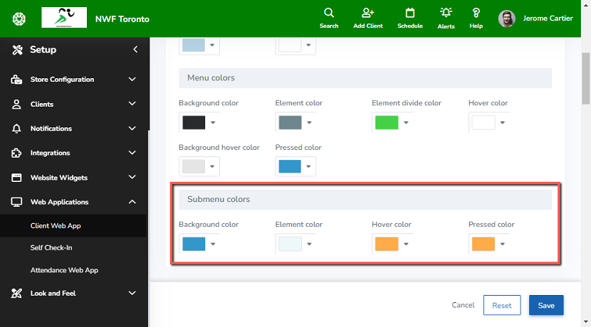 A screenshot showing the submenu color settings on the Client Web App settings page.