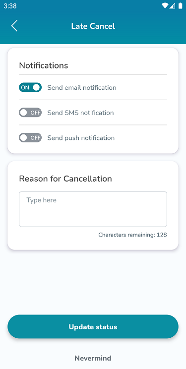 A screenshot of the Elevate Staff App that shows ways to notify clients when their attendance status is changed.