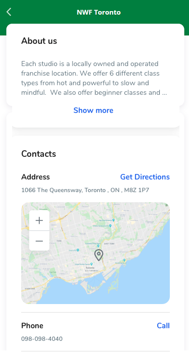 A screenshot of a business’s location information page in the Achieve Client App.