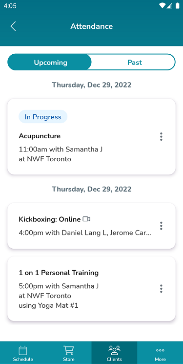 A screenshot that shows a client’s upcoming bookings in the Elevate Staff App.