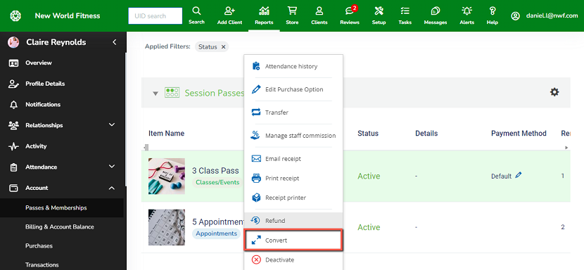 A screenshot showing the Convert option from a client’s Passes & Memberships page.