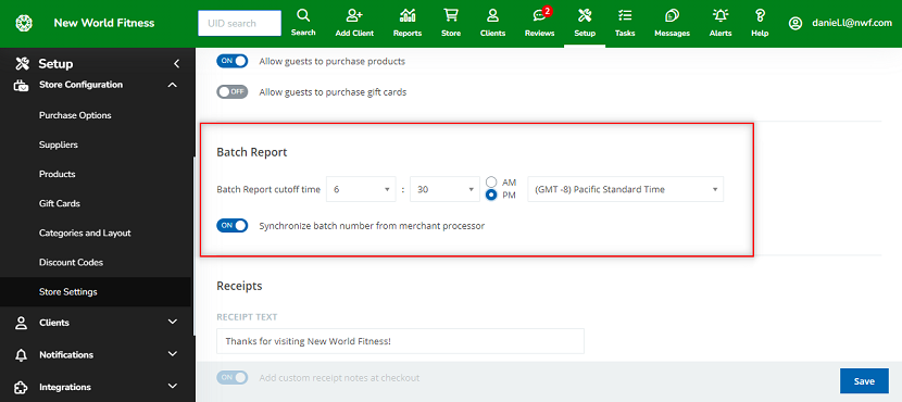 A screenshot showing the new Batch Report settings on the Store Settings page.