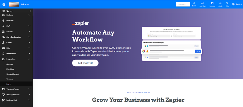 A screenshot showing the Zapier integration page.
