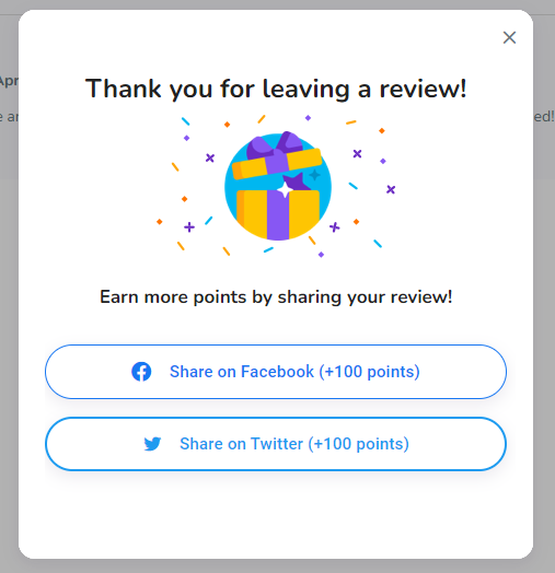 A screenshot showing points a customer can earn from sharing their review on Facebook and Twitter.