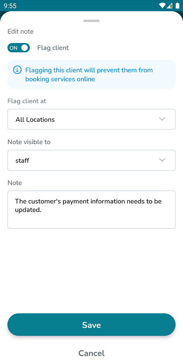 A screenshot showing the options available when adding a note to a client’s profile in the Elevate Staff App.