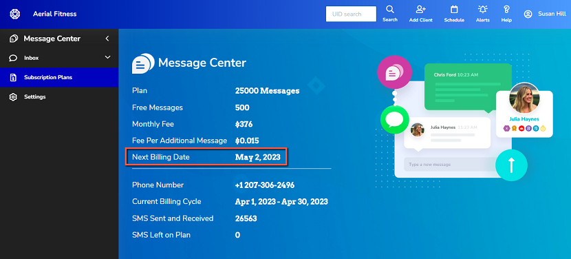 A screenshot of the Message Center’s Subscription Plans page highlighting the customer’s next billing date.