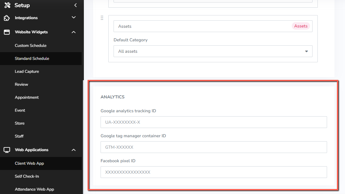 A screenshot showing the Google and Facebook analytics settings.