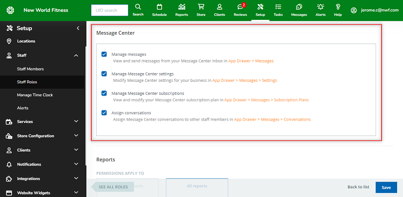 A screenshot of the new staff role permissions for Message Center.