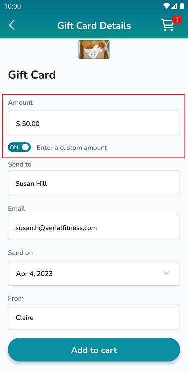 A screenshot showing the option to enter a custom amount when purchasing a gift card on the Elevate Staff App.