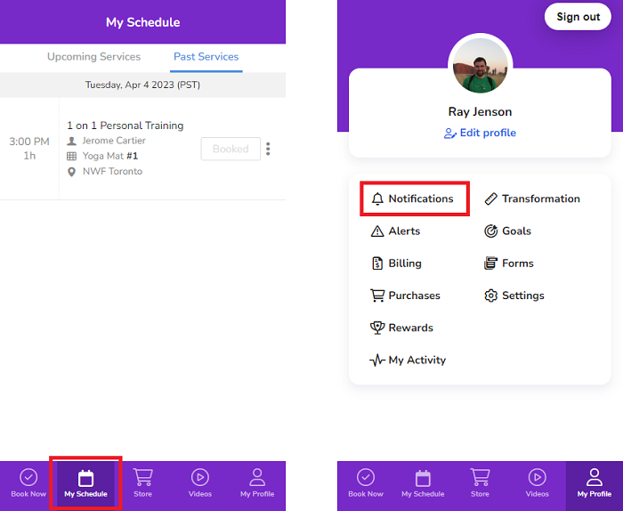 A screenshot of the Achieve Client App showing the My Schedule tab on the bottom menu and the Notifications option on the Profile menu.