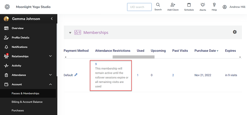 A screenshot of the Membership Attendance Restrictions that must be enabled so that a membership will deactivate at the same time as its rollover visits.
