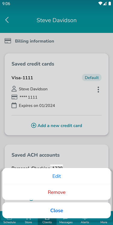 A screenshot of the menu options for a saved payment method on the updated Billing Information screen in the Elevate Staff App.