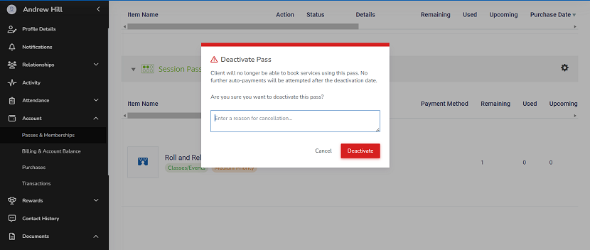 A screenshot of the Deactivate Pass popup informing user that further auto payments will not be attempted.