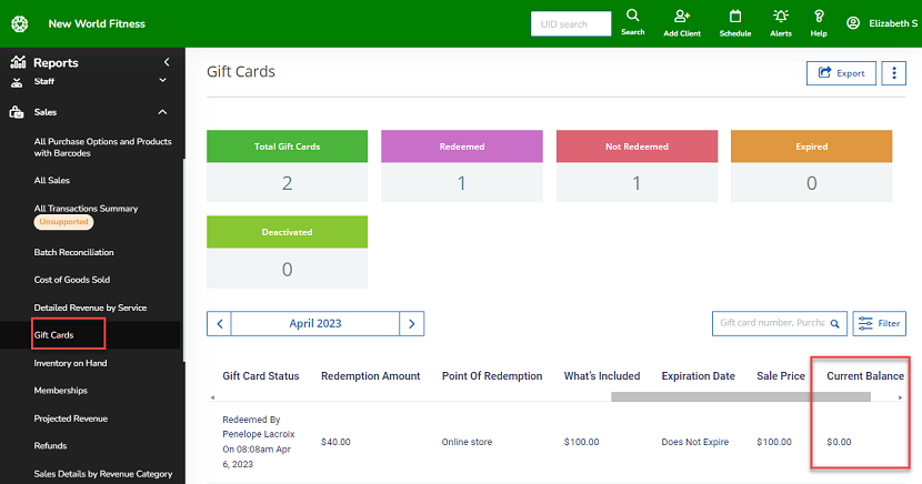 A screenshot showing the Current Balance column in the Gift Cards Report.