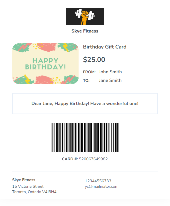 A screenshot showing the redesigned emailed gift card.