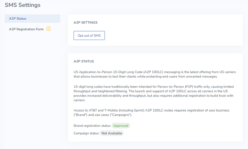 A screenshot of the A2P 10DLC registration forms and statuses.