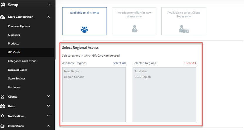 A screenshot showing the new Select Regional Access setting that controls the sale and redemption locations for gift cards for Enterprise Cloud users.