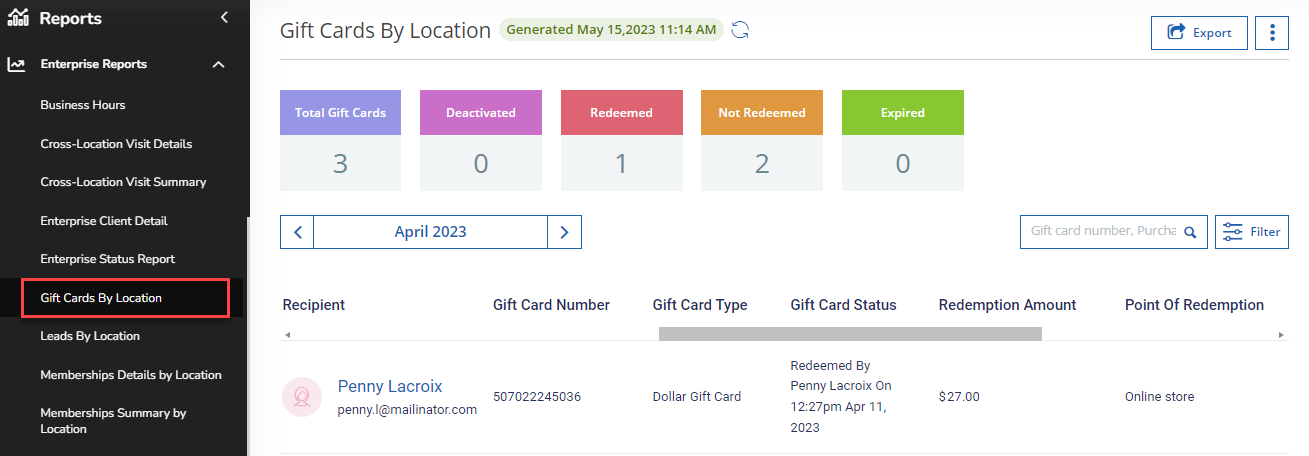 A screenshot showing the new Gift Cards by Location Report.