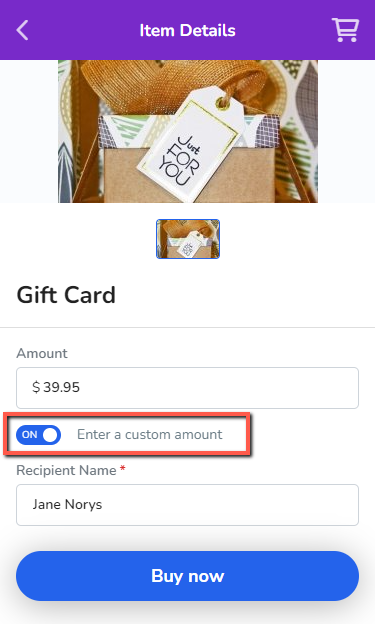 A screenshot of the new custom amount option in the item details screen for a gift card on the Achieve Client App.