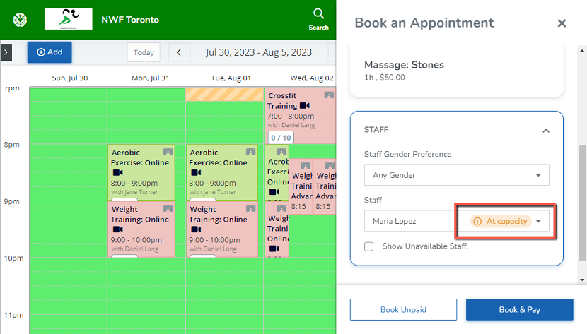 A screenshot of the appointment booking flow from the schedule in the Staff Backend with a staff member who is already at her daily appointment capacity.