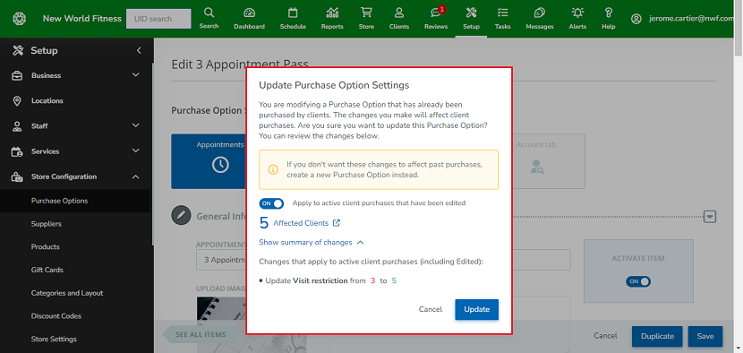 A screenshot showing the summary of changes to an edited Purchase Option and the number of clients who’ll be affected by the changes.