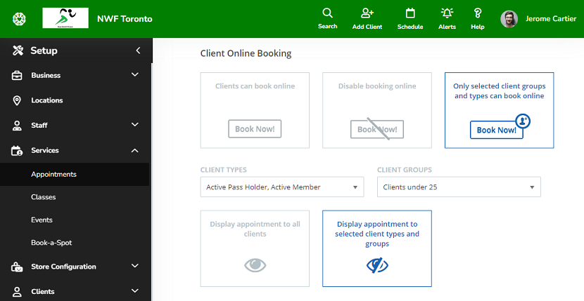 A screenshot of the client booking restrictions for client types and groups in the advanced settings of an appointment type.