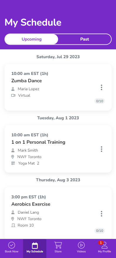 A screenshot of a client’s schedule with redesigned elements.