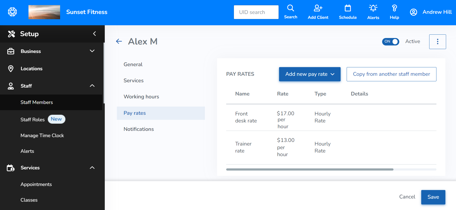 A screenshot of a staff member’s pay rates with multiple hourly pay rates visible