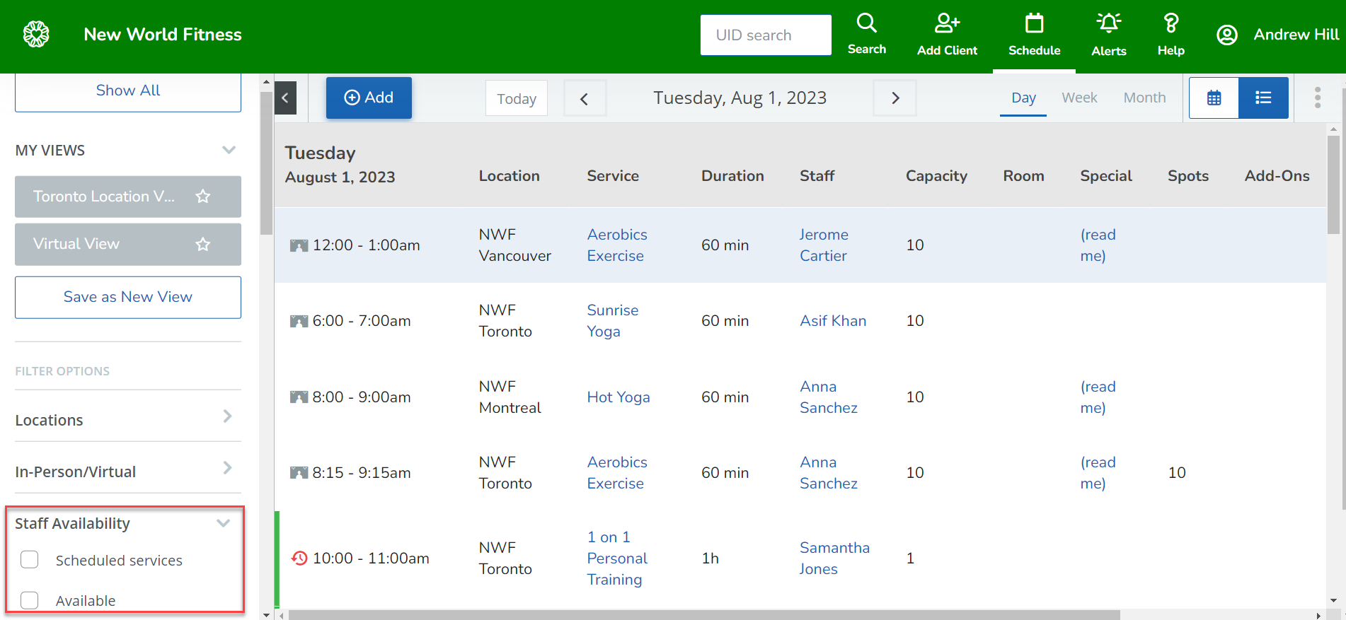 A screenshot of the new Staff Availability filter on the schedule.